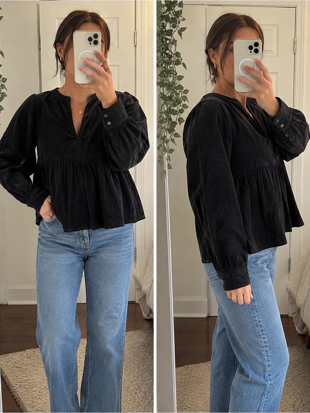 Banana Republic Black Corduroy Peplum Blouse XL NWT Long Sleeve Split Neck Top